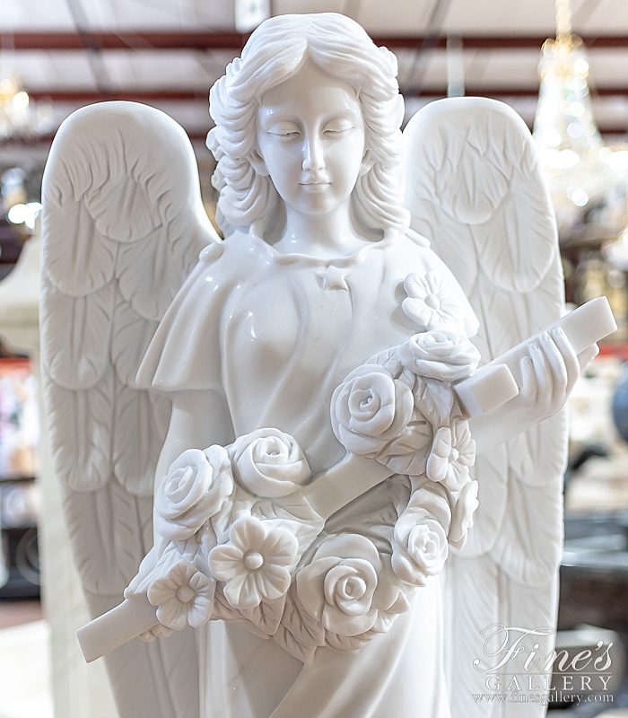 Marble Memorials  - Ornate White Marble Angel - MEM-490